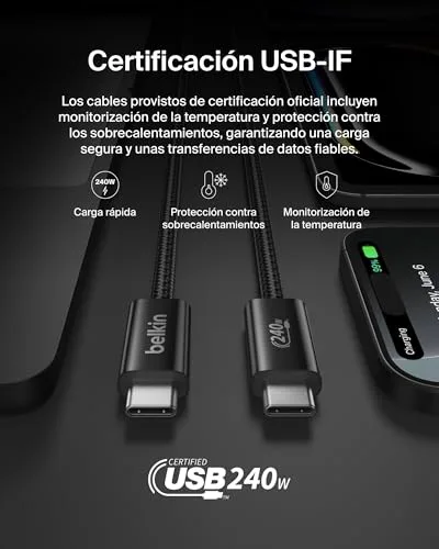 Belkin ▫️ Conjunto de 2 cabos trançados USB-C para USB-C de 1,5 m (240 W), carregamento rápido, cabos de alimentação flexíveis USB tipo C para iPhone 17 e 16, Galaxy S25, Pixel 10, iPad Pro e outros, Preto 6