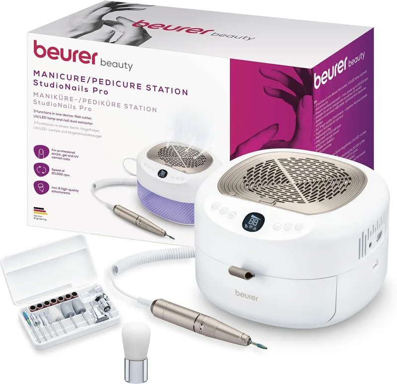 Beurer ▫️ MP 200 StudioNails Pro – Estação profissional de manicure/pedicure 3 em 1, cortador de unhas elétrico com lâmpada UV/LED e aspirador de pó, adequado para unhas de gel e acrílicas, 26 000 rpm, 9 acessórios