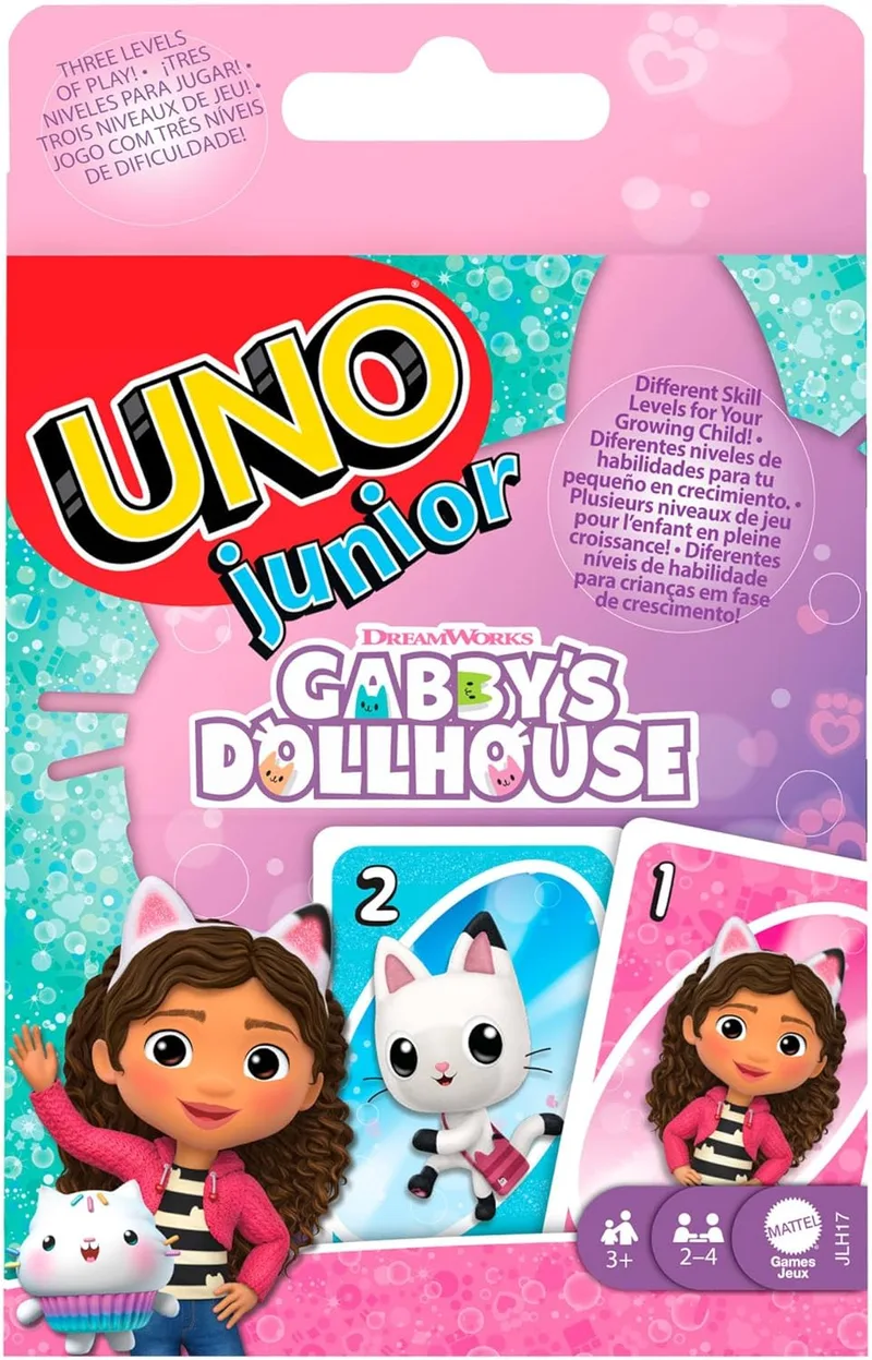 Mattel Games ▫️ UNO Junior A Casa de Bonecas da Gabby, jogo de cartas para festas infantis, noites em família, férias e viagens, JLH17