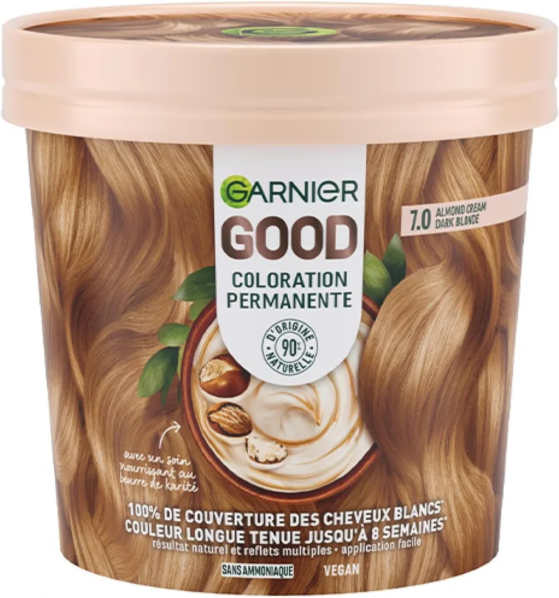Garnier ▫️ Tinta permanente para o cabelo – Sem amoníaco – 90% de ingredientes de origem natural – Manteiga de karité – 100% de cobertura para cabelos brancos – GOOD loiro escuro amêndoa 7.0