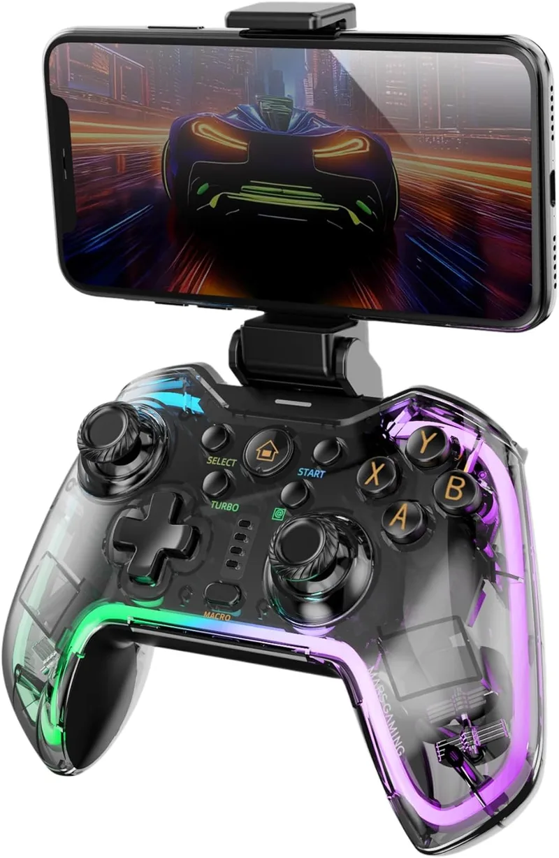 Mars Gaming ▫️ MGP-BT2, Gamepad Bluetooth 5.0, RGB Neon, Adaptador para Smartphone até 7", Vibração Haptic, Accionadores Analógicos, Macros, Switch, Switch 2, PC, Android, iOS, PS3, PS4, Transparente