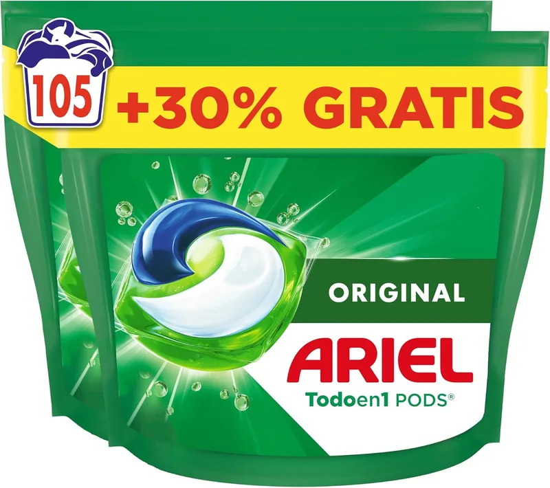 Ariel ▫️ Todo En 1 PODS, Detergente líquido para máquina de lavar roupa, 105 cápsulas/pastilhas, Original, 5 ações para uma limpeza incrível.