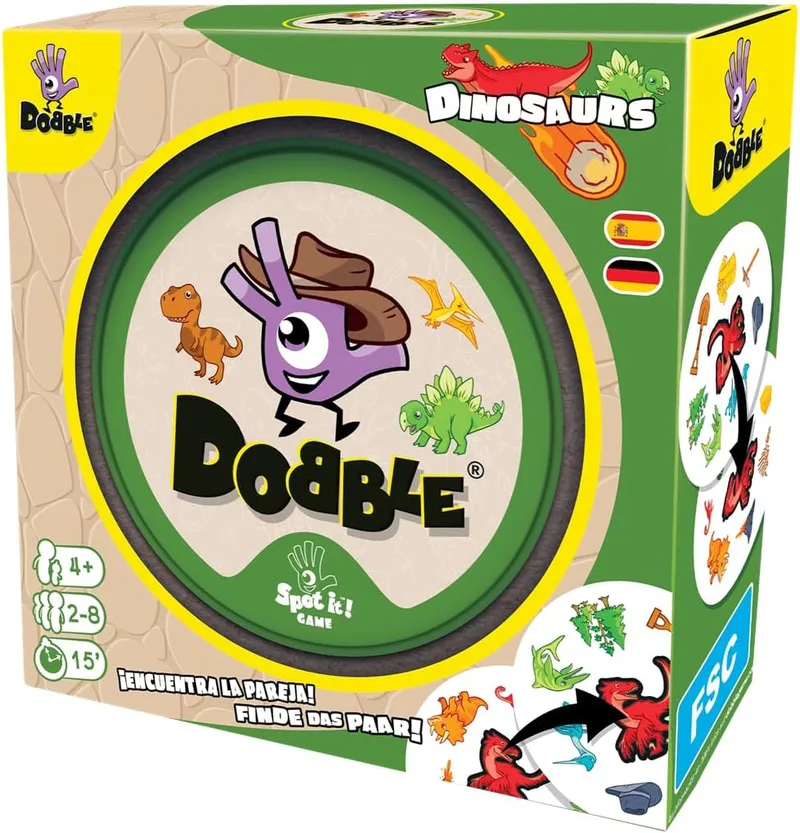 Zygomatic ▫️ Asmodee Dobble Dinosaurs, jogo de cartas de observação e velocidade para crianças e adultos, jogo de tabuleiro, 15 minutos de jogo, idade 6+, 2-8 jogadores