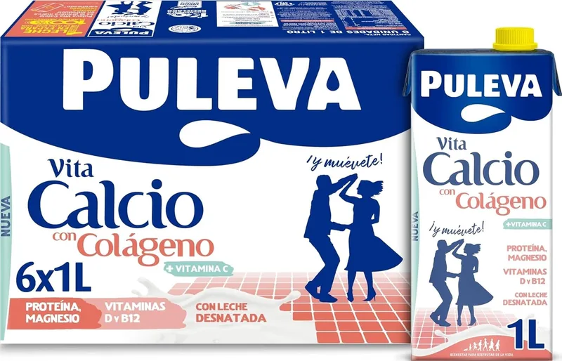 Puleva ▫️ Leite com Cálcio e Colagénio, Desnatado, Vitamina D, Embalagem de 6 x 1 L | Leite desnatado enriquecido com cálcio, colagénio e vitamina D. Cuida dos ossos e das articulações. Embalagem de 6 embalagens de 1 litro.