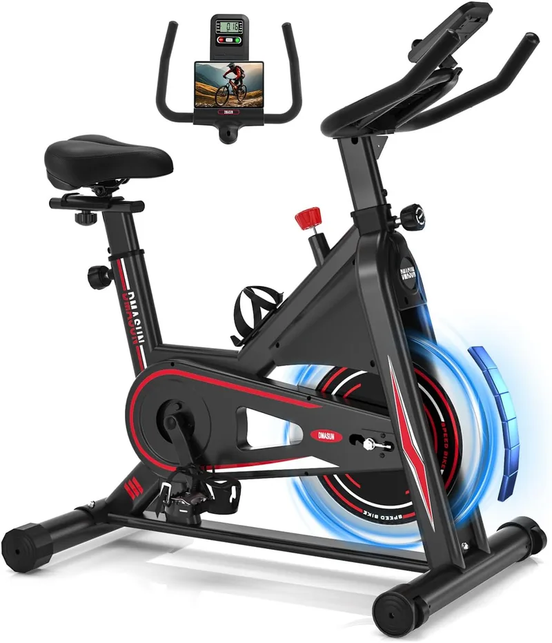 DMASUN ▫️ Bicicleta de exercício doméstica com resistência ajustável, bicicleta de exercício silenciosa com monitor LCD, almofada de assento confortável, capacidade de 160/180 kg, treino aeróbico
