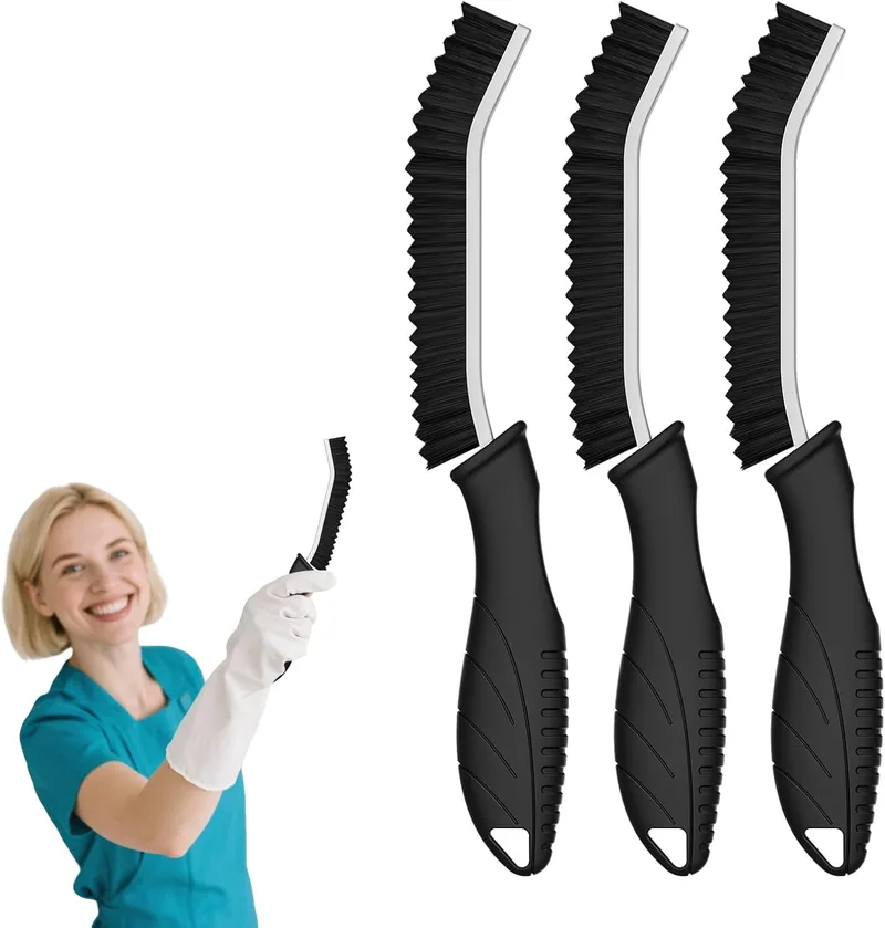 CLEANGOR ▫️ Escova de Limpeza para Fendas com Cabo Ergonómico (3, Preto) | Escova de Limpeza Doméstica com Cabeça de Cerdas Duras Dentadas, Adequada para Sanitas, Cozinhas e Fendas das Janelas