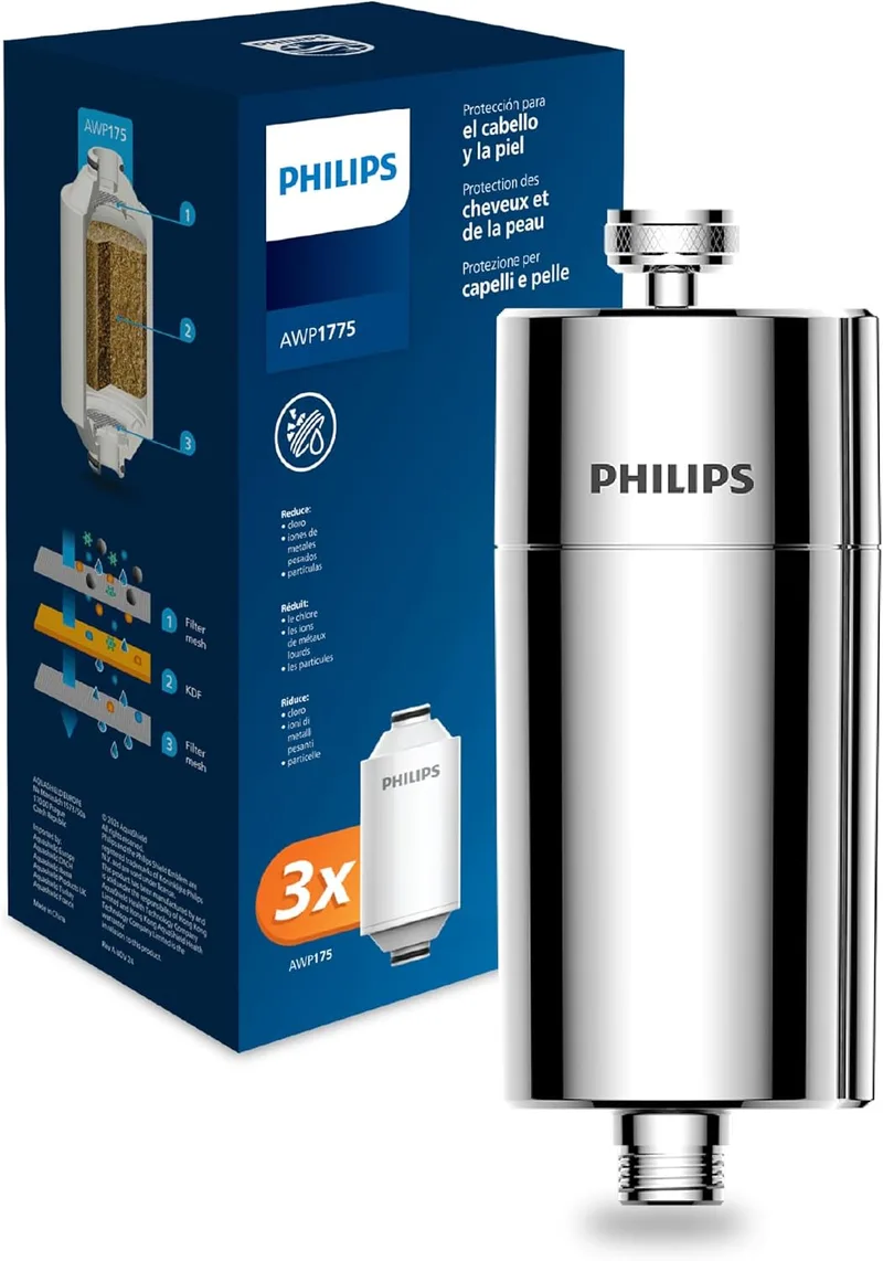 PHILIPS ▫️ Filtro de duche em linha Water + 3 cartuchos de substituição, reduz até 99 % do CLORO e do CRÓMIO, capacidade de filtração de 50 000 L por filtro