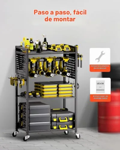 VEVOR ▫️ Carrinho organizador de ferramentas de 4 níveis, capacidade de carga de 68 kg, suporte para berbequim com rodas e prateleira de arrumação estável, carrinho de arrumação resistente para garagem, preto 6