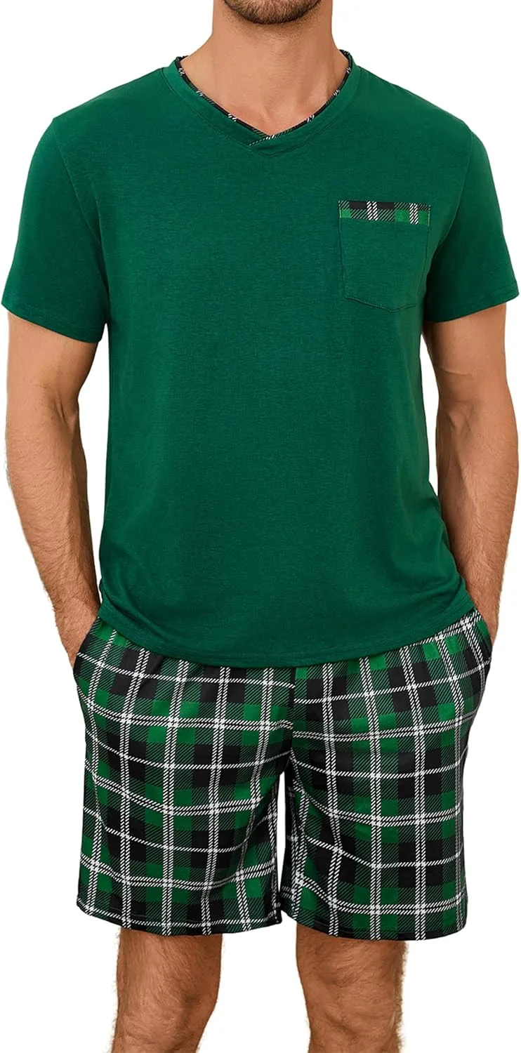 Leversic ▫️ Pijama de verão para homem Conjunto de pijama de 2 peças em xadrez curto com decote em V Calções de dormir com bolsos S-3XL