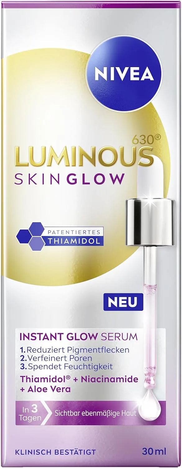 Beiersdorf ▫️ NIVEA LUMINOUS630 Skin Glow Instant Glow Serum, sérum facial altamente eficaz e leve para uma pele radiante e uniforme, cuidado facial com tiamidol, niacinamida e aloé vera (30 ml)