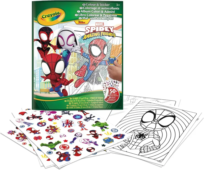CRAYOLA ▫️ Livro de colorir com autocolantes da Aranha, 32 páginas e 4 folhas de autocolantes incluídas, 04-0738