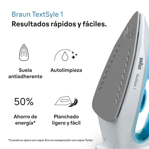 Braun ▫️ TexStyle 1 SI1029BL Ferro a vapor com sola antiaderente, jato de vapor de 120 g/min, sistema descalcificador, pulverizador, aquecimento rápido (35 s), Modo Eco, 220 ml, 1900 W, azul claro 2