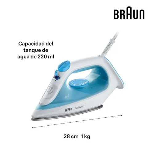 Braun ▫️ TexStyle 1 SI1029BL Ferro a vapor com sola antiaderente, jato de vapor de 120 g/min, sistema descalcificador, pulverizador, aquecimento rápido (35 s), Modo Eco, 220 ml, 1900 W, azul claro 3
