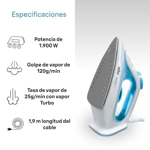Braun ▫️ TexStyle 1 SI1029BL Ferro a vapor com sola antiaderente, jato de vapor de 120 g/min, sistema descalcificador, pulverizador, aquecimento rápido (35 s), Modo Eco, 220 ml, 1900 W, azul claro 4
