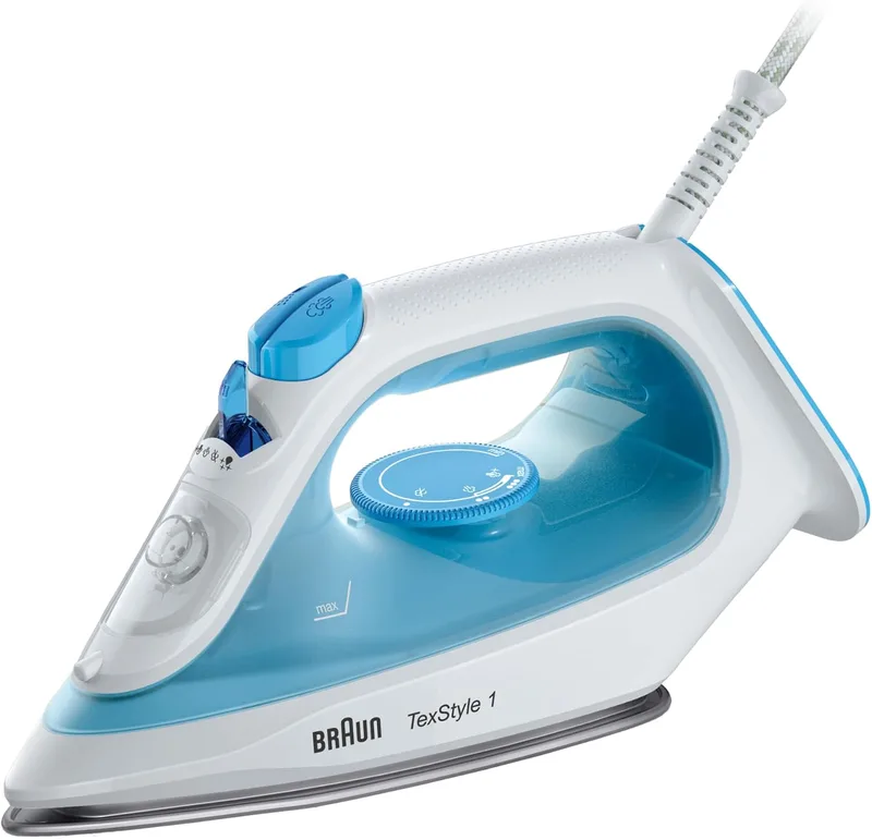 Braun ▫️ TexStyle 1 SI1029BL Ferro a vapor com sola antiaderente, jato de vapor de 120 g/min, sistema descalcificador, pulverizador, aquecimento rápido (35 s), Modo Eco, 220 ml, 1900 W, azul claro