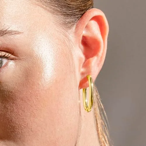 LUXENTER ▫️ Brincos Madya para Mulher | Brincos de argola com acabamento em ouro amarelo de 18K | Liga metálica | Design minimalista e elegante | Diâmetro 14,5 mm | Altura 25 mm | Joalharia para Mulher 3