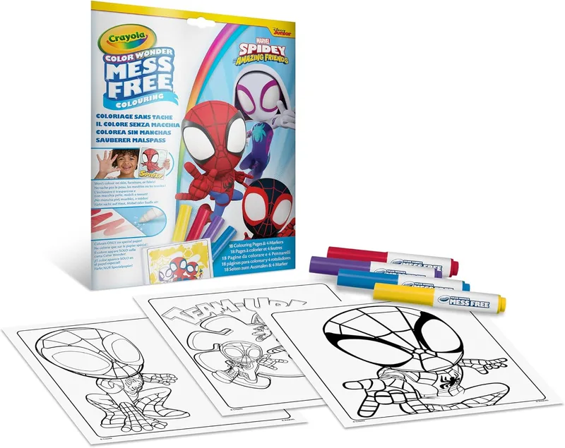 CRAYOLA ▫️ Color Wonder, Kit para colorir o Spidey com 18 páginas para colorir e 4 canetas que não mancham, atividade criativa para crianças de 3, 4 e 5 anos, 75-4611