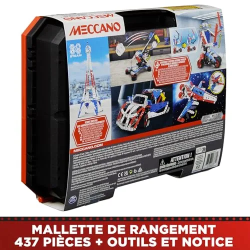 BANDAI ▫️ Meccano Maleta de construção - Conjunto de construção 5 em 1: Veículos, Robô, Torre Eiffel - 437 peças, ferramentas, instruções - Kit de montagem - Brinquedo infantil a partir dos 10 anos e 6