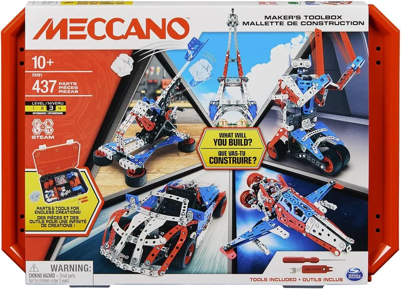 BANDAI ▫️ Meccano Maleta de construção - Conjunto de construção 5 em 1: Veículos, Robô, Torre Eiffel - 437 peças, ferramentas, instruções - Kit de montagem - Brinquedo infantil a partir dos 10 anos e
