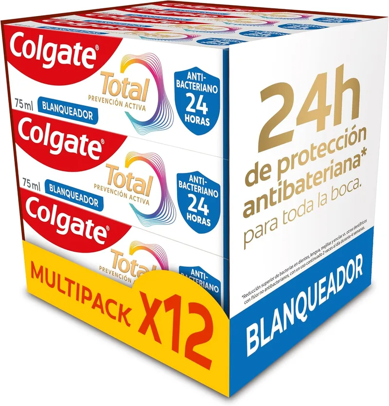 Colgate ▫️ Total Active Prevention Whitening Toothpaste Pack 12 x 75ml | Combate as principais causas* dos problemas de saúde oral | Proteção Antibacteriana 24h¹.