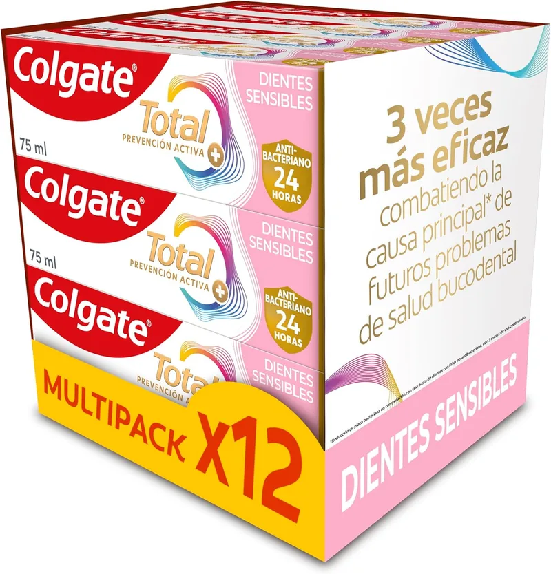 Colgate ▫️ Total Prevenção Ativa + Dentes Sensíveis Pasta de dentes Embalagem de 12 x 75 ml | Combate a principal causa* dos problemas bucodentários mais comuns | 24 horas de proteção antibacteriana²