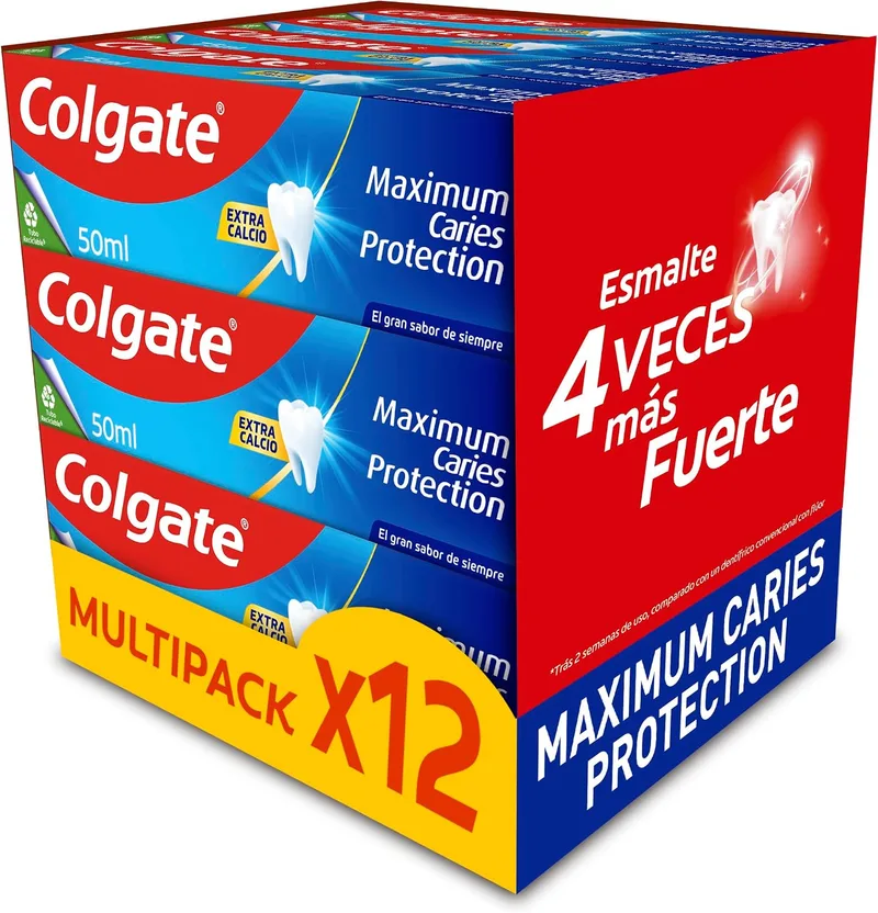 Colgate ▫️ Pasta de dentes Maximum Caries Protection, embalagem de 12 x 50 ml | tecnologia superior** anticáries | esmalte 4 vezes mais resistente | pasta de dentes com flúor e arginina | sabor a menta