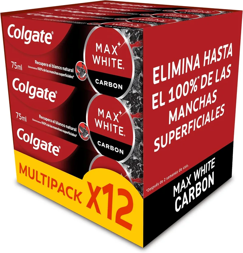 Colgate ▫️ Max White Pasta Dentífrica com Carvão Vegetal Ativo Embalagem 12 x 75ml | Pasta Dentífrica Branqueadora | Remove até 100% das manchas superficiais | Carvão Vegetal Ativado e Micro Partículas Minerais