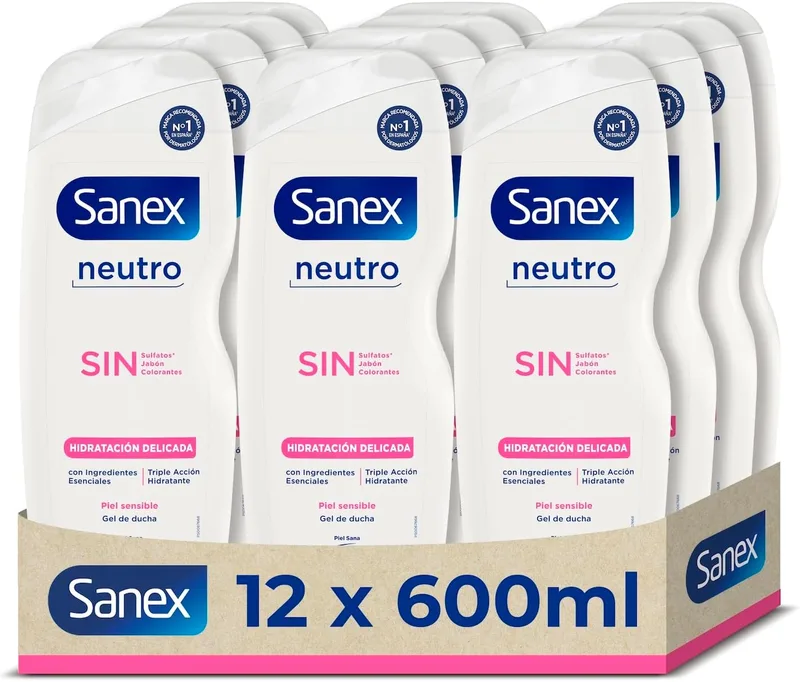 Sanex ▫️ Gel de Banho Neutro Hidratação Delicada Embalagem de 12 x 600 ml | Com ingredientes essenciais | 0% de sulfatos*, 0% de sabão e 0% de corantes | Gel de banho para pele sensível | Hidratação duradoura