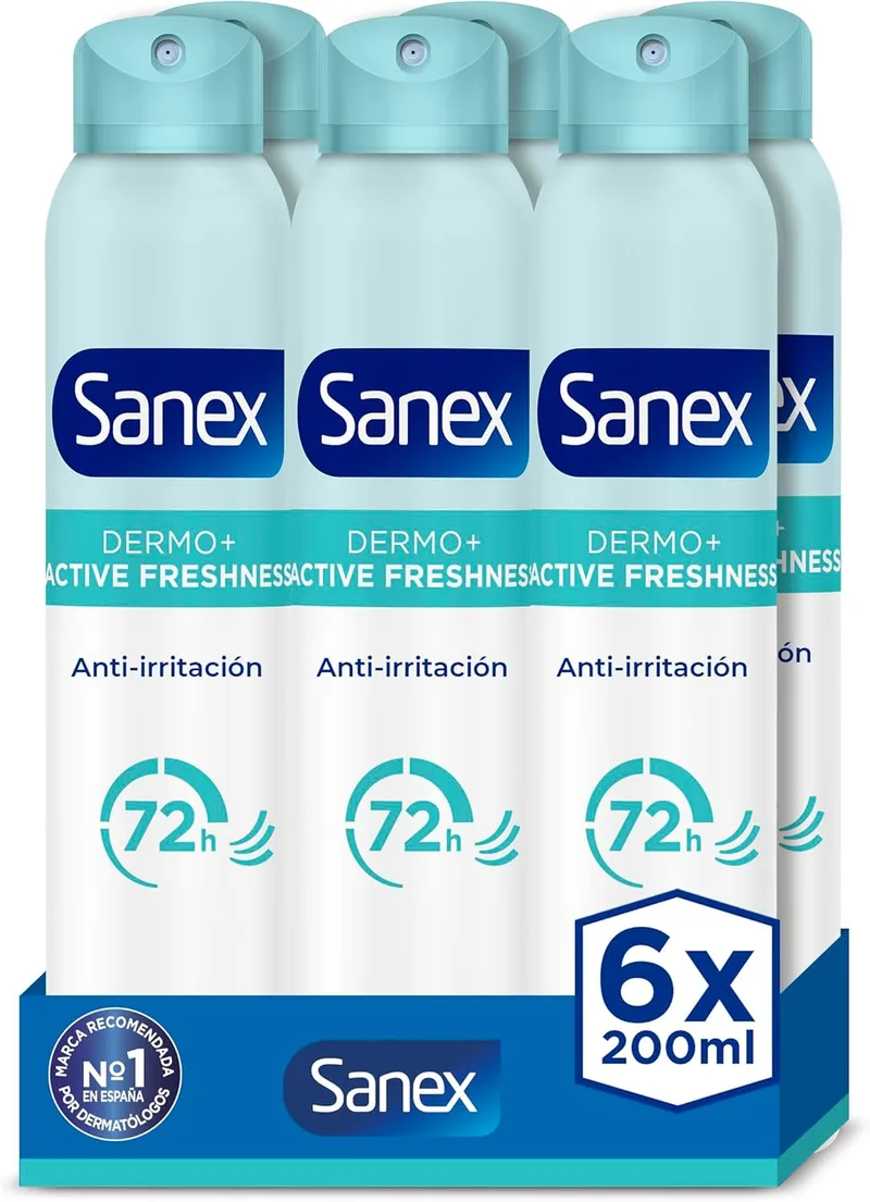 Sanex ▫️ Dermo Active Freshness Anti-Perspirant Deodorant Spray Pack 6 x 200ml | Até 72h de proteção contra o suor e o odor | Proteção anti-manchas | Restaura o pH natural da pele