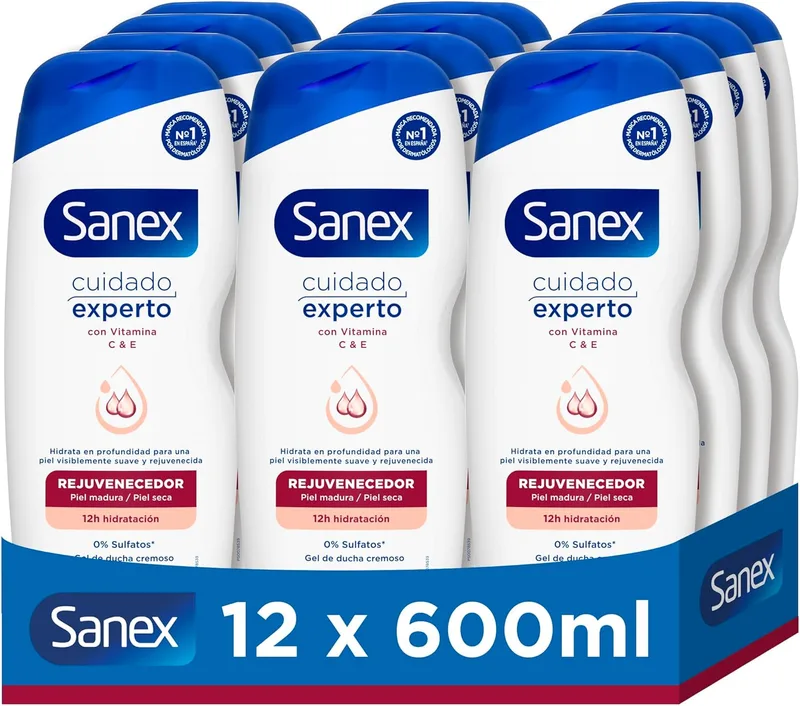 Sanex ▫️ Expert Care Gel de Duche Rejuvenescedor Pack 12 x 600 ml | Para pele madura | Profundamente hidratante | Dermatologicamente testado | Com vitamina C & E