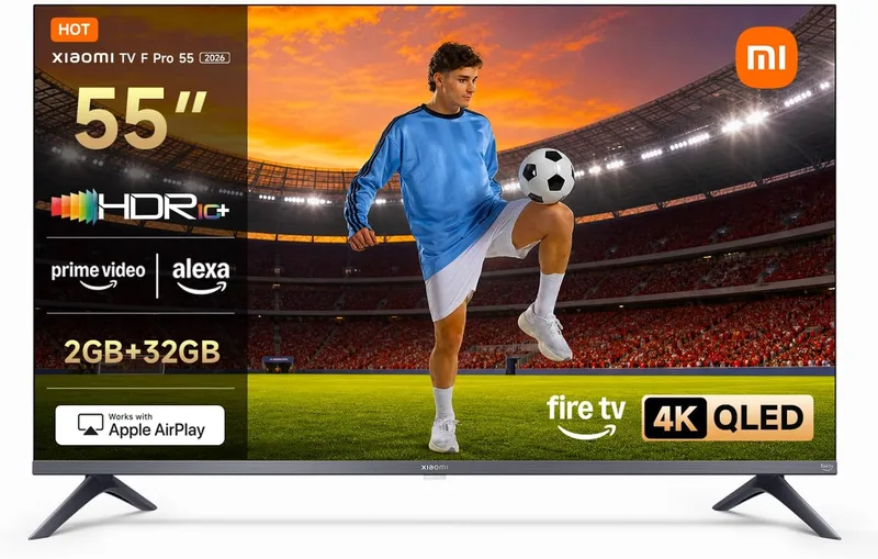 XIAOMI ▫️ TV F Pro 55, 55 polegadas (140 cm), 4K UHD QLED, Smart TV, Fire OS8, Controlo por voz com Alexa, HDR10+, Modo Game Boost 120 Hz, MEMC, 2 GB + 32 GB, Compatível com Apple AirPlay