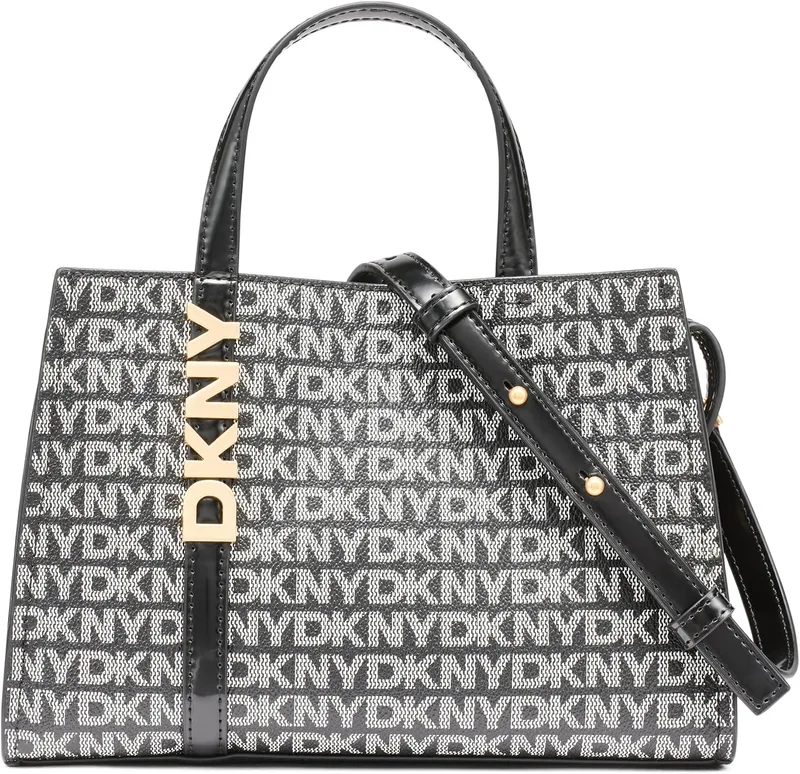 DKNY ▫️ Mala a tiracolo Avril SMALL para mulher, 100% PVC com acabamento em poliuretano, logótipo preto e preto
