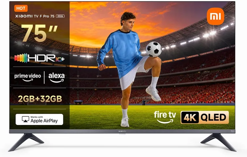 XIAOMI ▫️ TV F Pro 75, 75 polegadas (190 cm), 4K UHD QLED, Smart TV, Fire OS 8, Controlo por voz com Alexa, HDR10+, Modo Game Boost a 120 Hz, MEMC, 2 GB + 32 GB, Compatível com Apple AirPlay