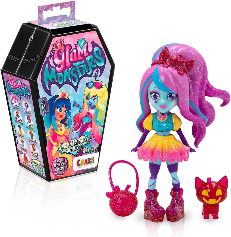 CRAZE ▫️ Glam MONSTARS - Figuras Surpresa Colecionáveis Série 1x de 9 Modelos de Bonecas com Acessórios e Autocolantes - Abre o Caixão e Descobre a Moda Monstruosa!