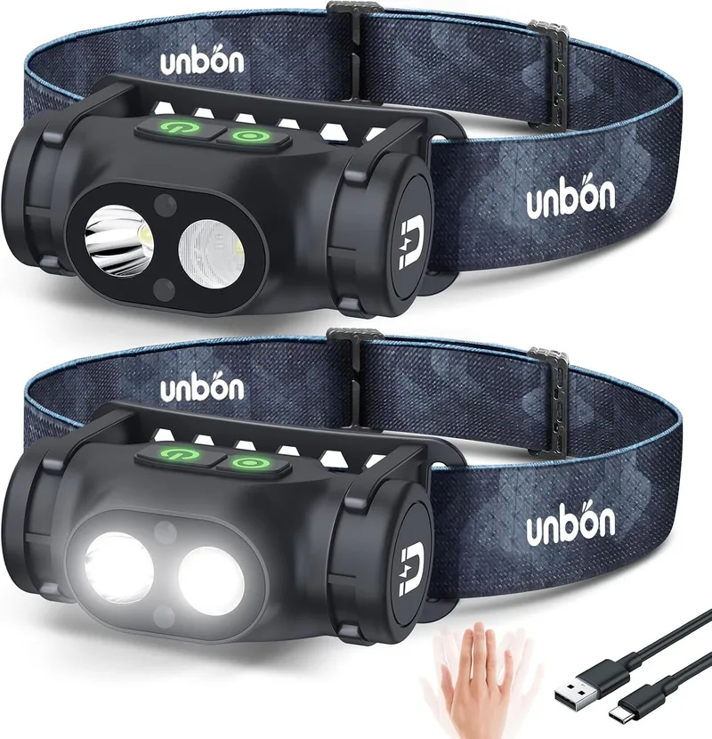 UNBON ▫️ Lanterna frontal LED recarregável via USB-C, conjunto de 2 unidades de lanterna de cabeça LED de alta potência com 3 modos de iluminação, sensor de movimento e base magnética, lanterna frontal de cabeça potente, recarregável e à prova de água (IPX4)
