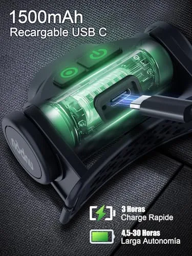 UNBON ▫️ Lanterna frontal LED recarregável via USB-C, lanterna de cabeça LED de alta potência com 3 modos de iluminação, sensor de movimento e base magnética, lanterna frontal de cabeça potente, recarregável e à prova de água (IPX4) 5