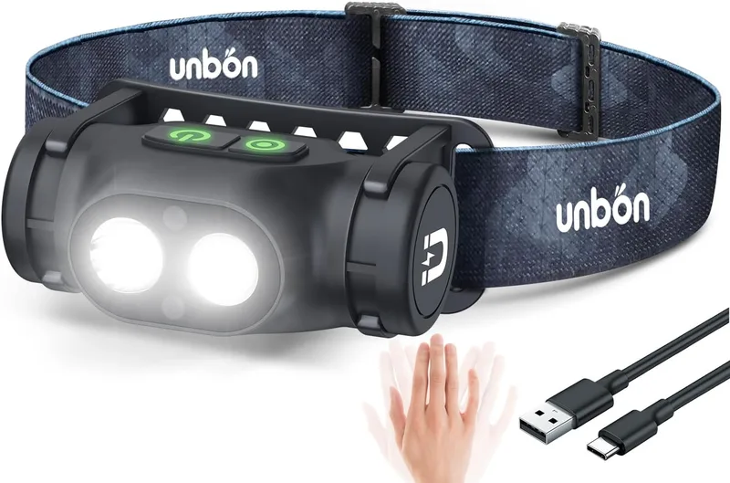 UNBON ▫️ Lanterna frontal LED recarregável via USB-C, lanterna de cabeça LED de alta potência com 3 modos de iluminação, sensor de movimento e base magnética, lanterna frontal de cabeça potente, recarregável e à prova de água (IPX4)
