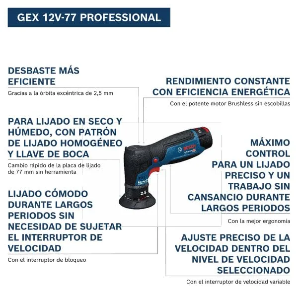 Bosch Professional ▫️ Lixadeira orbital excêntrica a bateria 12V System GEX 12V-77 (inclui disco de borracha montado com fecho por contacto de 77 mm e chave) 2