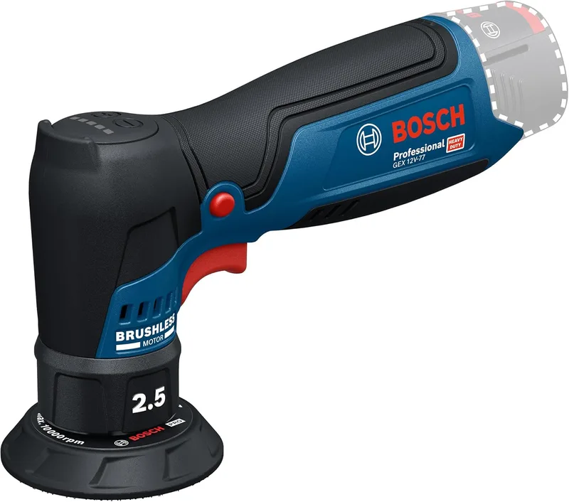 Bosch Professional ▫️ Lixadeira orbital excêntrica a bateria 12V System GEX 12V-77 (inclui disco de borracha montado com fecho por contacto de 77 mm e chave)