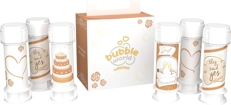 Bubble World ▫️ Wedding Terra - Bolhas de sabão para casamento 6 x 60 ml - Tubos brancos com soprador integrado - Lembreza de casamento para convidados - Fabricado em Itália