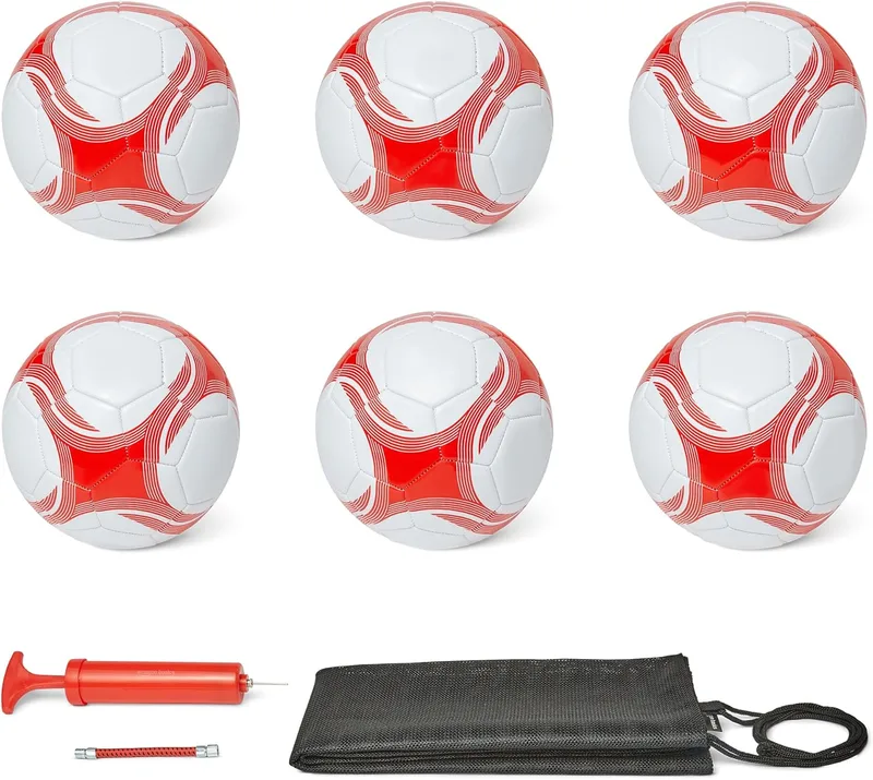 Amazon Basics ▫️ Bola de futebol com bomba - Bola de treino, construção em PVC durável, câmara de butilo, utilização no interior e no exterior, bola de treino cosida à máquina, branca e vermelha