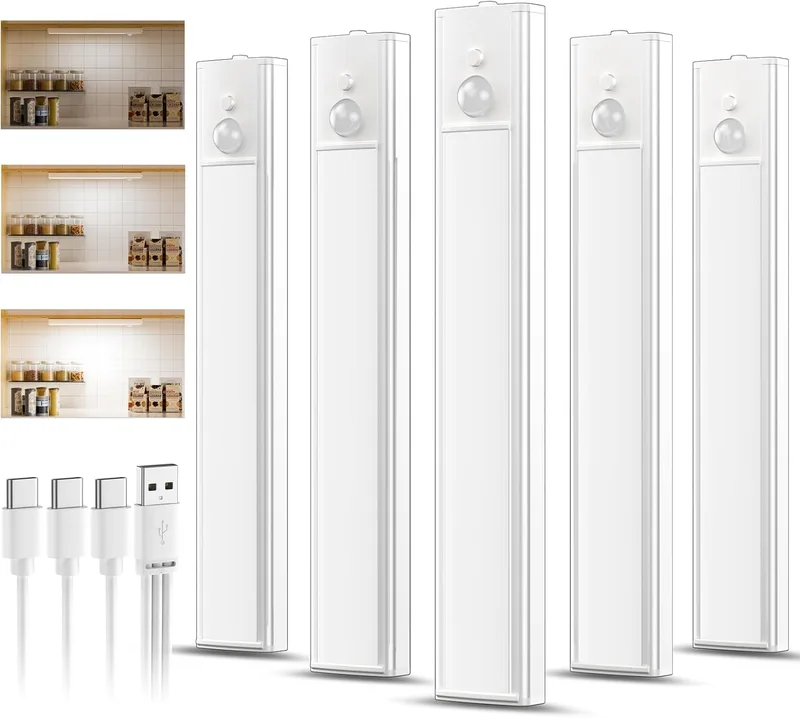 daphomeu ▫️ 5 Pacotes de Luzes de Cozinha LED Recarregáveis de 20CM, Luz de Armário com Sensor de Movimento Regulável Tipo C Carregamento, Luz de Sensor de Movimento Branca Fria para Interior, Luz LED para Prateleira, Armário de Escada, Armário de Escada
