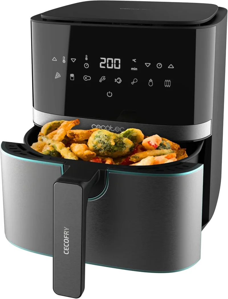 Cecotec ▫️ Air Fryer 5,5L, Fritadeira de ar quente, Cecofry Full InoxBlack 5500 Pro. 1700W, Digital, Sem óleo, Painel tátil, Acabamentos em aço inoxidável, Tecnologia PerfectCook, Termóstato, 8 Modos