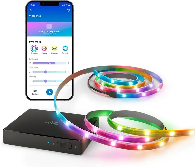 WiZ ▫️ HDMI Sync Box com retroiluminação de TV - Sincronize a luz com os seus filmes, jogos e música - HDMI 2.0 - Suporta 4K a 60Hz - Fita LED RGBIC para televisores de 55 a 65 polegadas