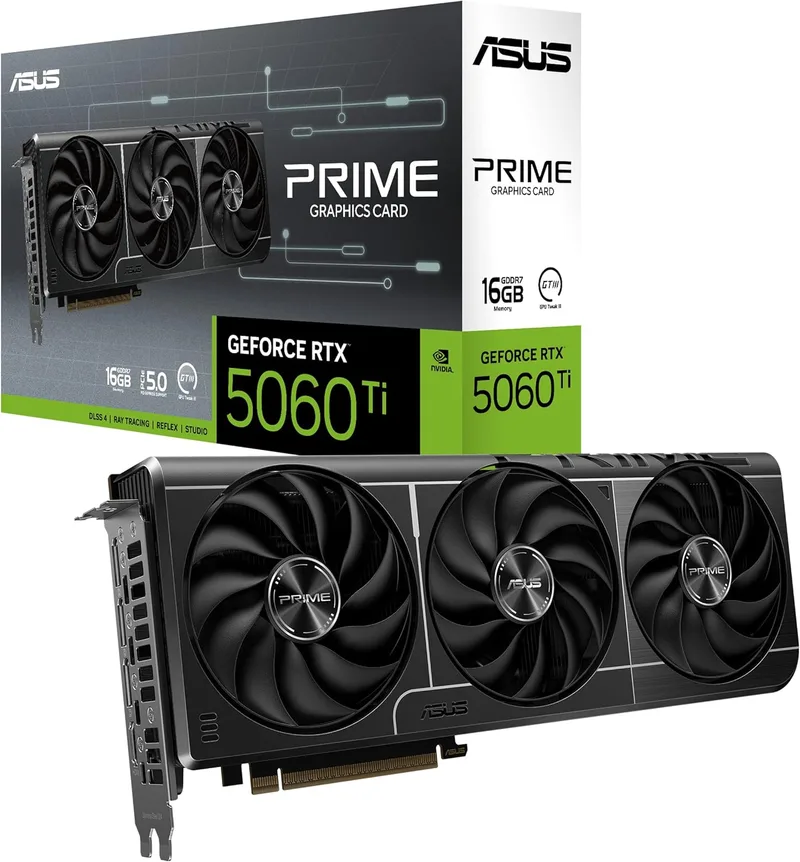 ASUS ▫️ Prime GeForce RTX 5060 Ti 8GB GDDR7 OC Edition - Placa gráfica, preparada para SFF (PCIe 5.0, 16GB GDDR7, HDMI/DP 2.1, 2,5 ranhuras, ventoinhas Axial-Tech, BIOS dupla)