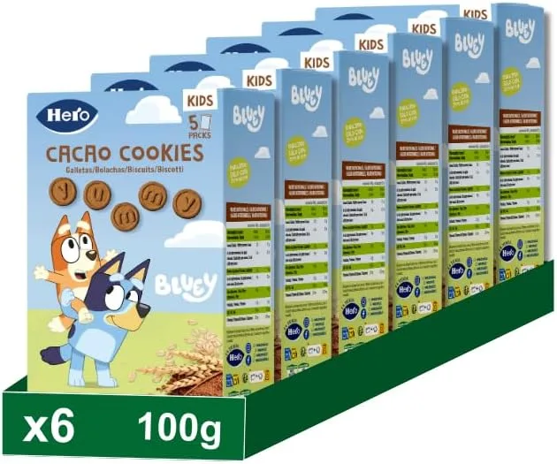 Solo ▫️ Hero Bolachas de Cacau Bluey para Crianças, Lanche com Cereais Integrais e Sumo de Uva, Fonte de Fibra, Formas Divertidas, 100g x 6 unidades, Para Crianças a partir dos 36 Meses