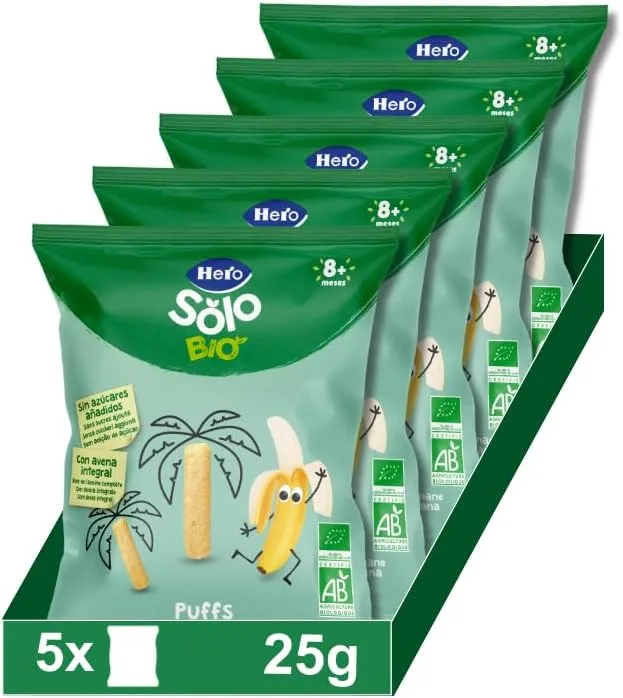 Solo ▫️ Hero Bio Snacks Puffs de Milho, Aveia e Banana A partir dos 8 meses, 5 x 25 g | Snacks de cereais biológicos, não fritos, cozidos no forno, sem sal adicionado, sem aditivos, embalagem individual