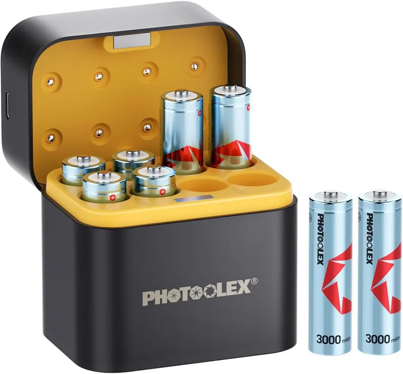PHOTOOLEX ▫️ Pilhas de lítio recarregáveis AA 8 unid. com carregador, 3000 mWh de alta capacidade 1,5 V tensão de saída aa, pilha de iões de lítio duplo A com carregamento integrado e caixa de carregamento