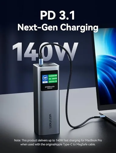 VENTION ▫️ Power Bank 27 000 mAh 140 W, Bateria Externa de Carregamento Rápido com Ecrã TFT, 3 portas USB-C/USB-A, compatível com MacBook Pro, iPhone 15/14/13, iPad Pro, Galaxy S24, DELL, HP e muito mais 2