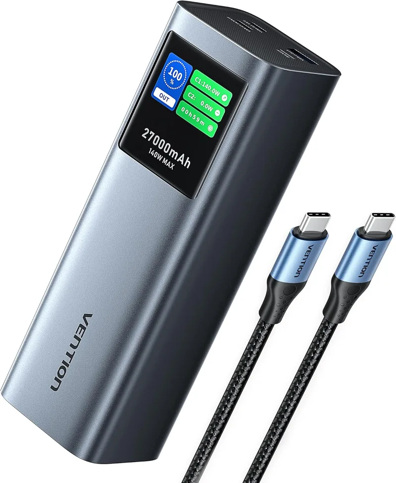 VENTION ▫️ Power Bank 27 000 mAh 140 W, Bateria Externa de Carregamento Rápido com Ecrã TFT, 3 portas USB-C/USB-A, compatível com MacBook Pro, iPhone 15/14/13, iPad Pro, Galaxy S24, DELL, HP e muito mais